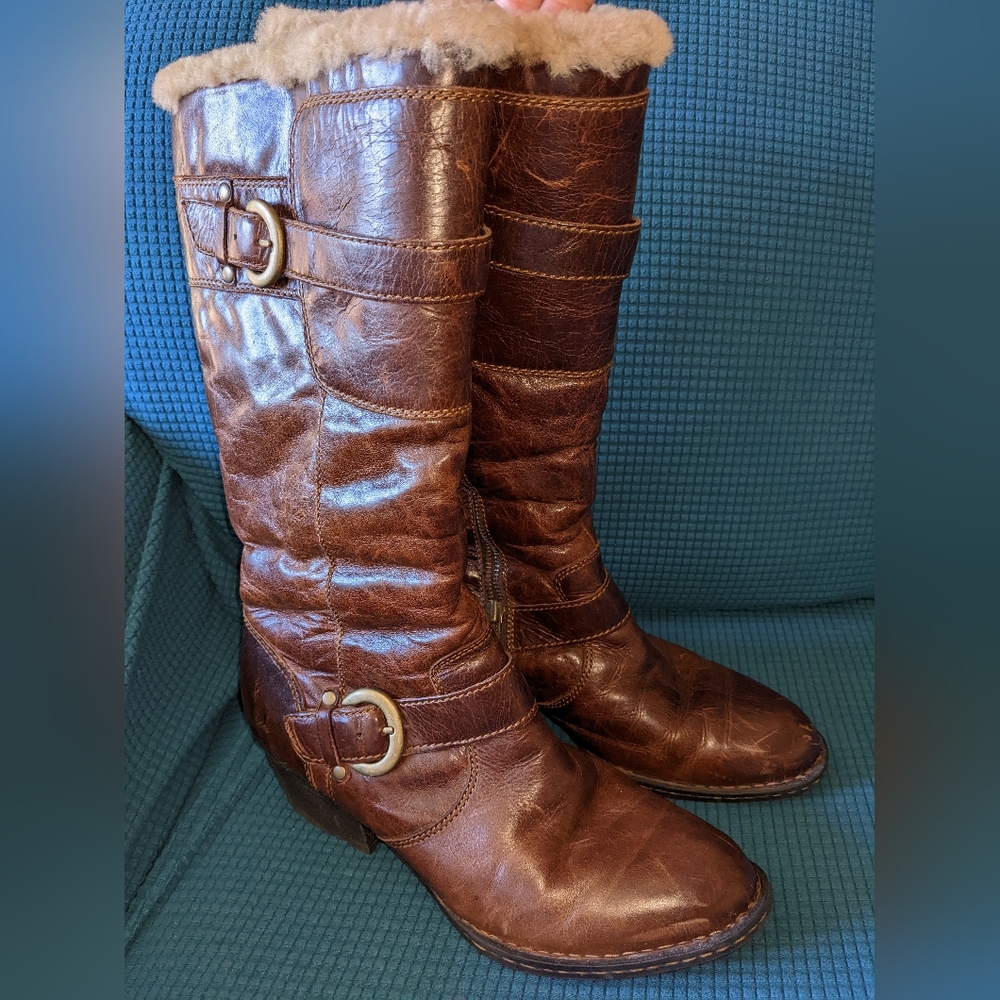 Born Brown Leather Boots, Women's Size 8.5 (Size 40), Shearling Lined